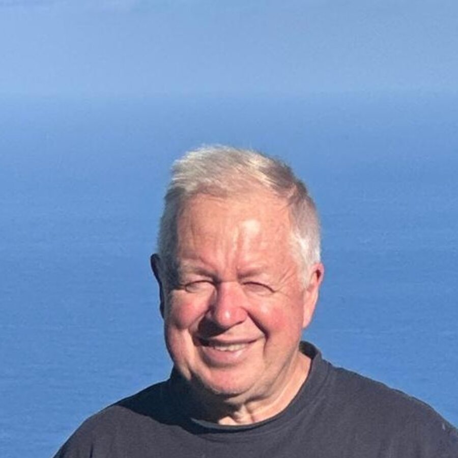 Lächelnder Mann mit grauem Haar vor dem Meer